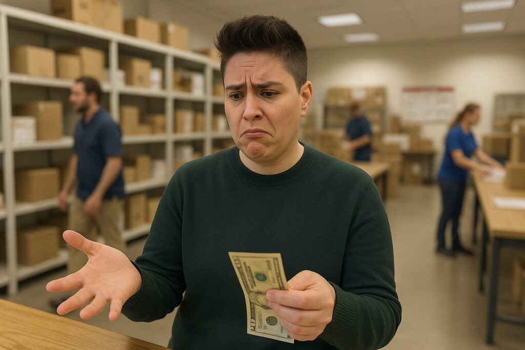 Worker frustrated with low pay, symbolising need for pay transparency in Canada.